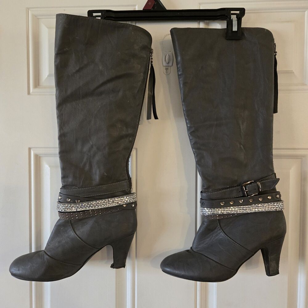 Vanity Gray Studded Rhinestone Knee High Boots Heeled Size 8.5 Alla VT